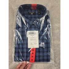 Dockers Dress Shirt Mens Medium Dark Blue Plaid Regular Fit Stretch Cotton Blend