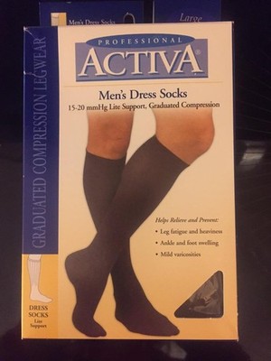 Activa Men's 15-20 mmHg Black Compression Dress Socks Sz. Large NIB Free US SHP