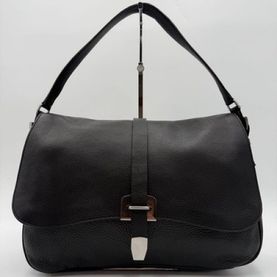 PRADA Leather Flap Shoulder Bag Black Silver Hardware USED from