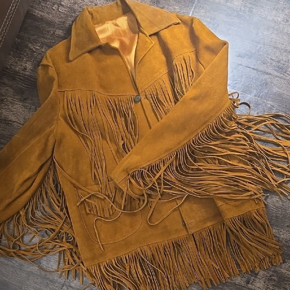 VINTAGE Men's Fringe Suede Jacket - Burnt Orange Brown Sz L / XL