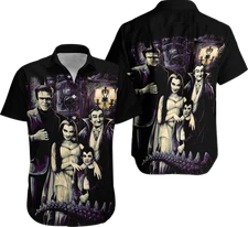 Munsters Movie Frankenstein Family & Friends Print Buttoned Hawaiian Shirt