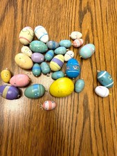 Vintage Wooden Easter Egg Ornaments Hand Painted Pastel Hanging Eggs large lot