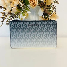 Michael Kors Wallet Jet Set Large Ombré Signature Logo Double Zip Wristlet Navy