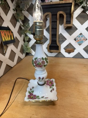 Vintage Hand Painted Floral Milk Glass Lamp 12” x 5”