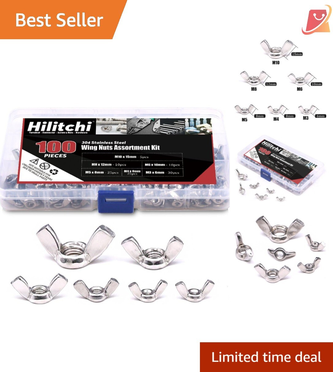 100-Pcs Butterfly Wing Nuts 304 Stainless Steel M3 M4 M5 M6 M8 M10 Assortment...