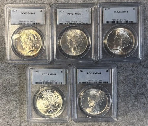 LOT OF (5) 1923  PEACE DOLLARS ALL PCGS MS 64 ALL WITH FLASHY AND GLOWING WHITE