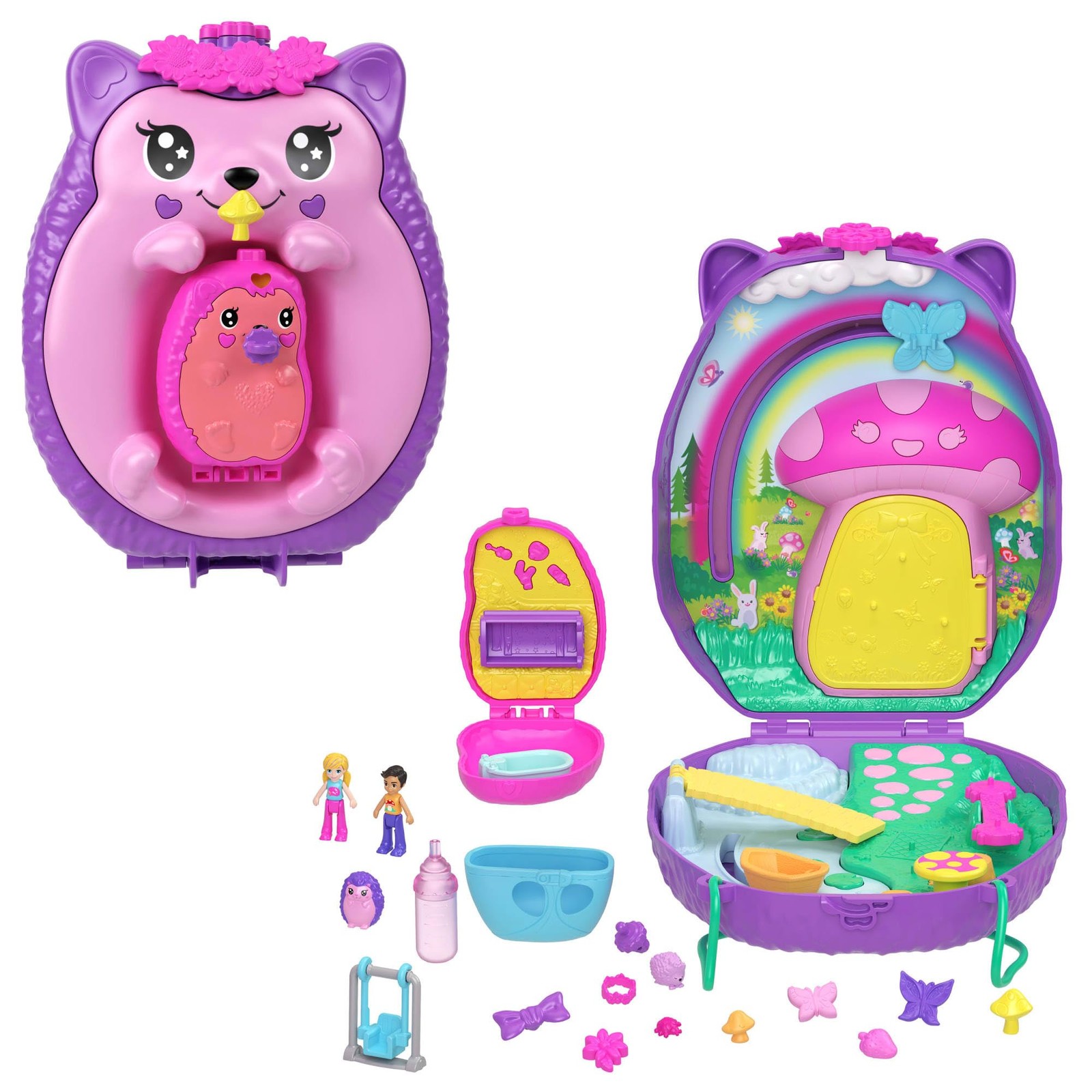 Polly Pocket 2-in-1 Reisespielzeug mit 2 Mikropuppen und 16 Accessoires, Igel-Ha