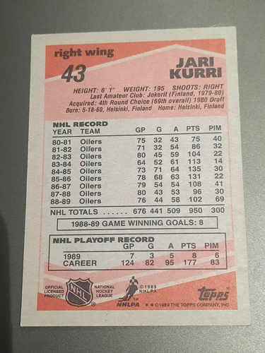 JARI KURRI-1989 TOPPS-VINTAGE-BELLO CARTA HOCKEY-EDMONTON OILERS #43 - Foto 2 di 3