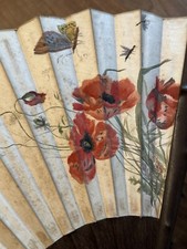 Éventail Signé Art Nouveau & Papillon & Coquelicots & Fleurs & Peinture