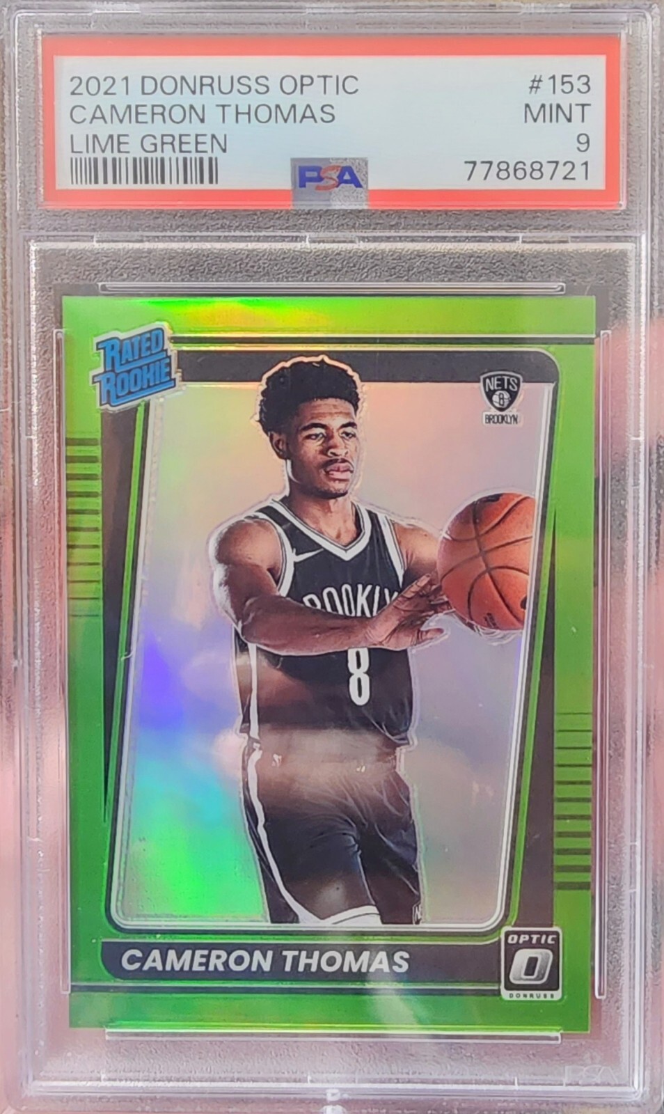 2021-22 Optic Cameron Thomas Rated Rookie Lime Green Holo #153 Nets 98/149 PSA 9