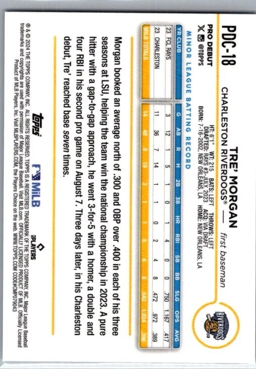 Tre' Morgan 2024 Topps Chrome Pro Debut #PDC-18/Bowman Chrome TB Rays 2-Card Lot - Image 3 of 4