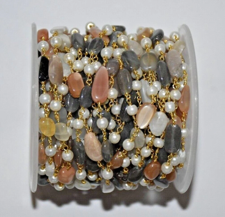 Cadena de rosario para hacer joyas con cuentas a granel, rosario de piedras preciosas ovaladas múltiples, cadena para el cuerpo Foto 2 de 4