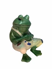 7” Kitsch Ceramic Green  Frog White Patched Overalls Anthropomorphic Decoration