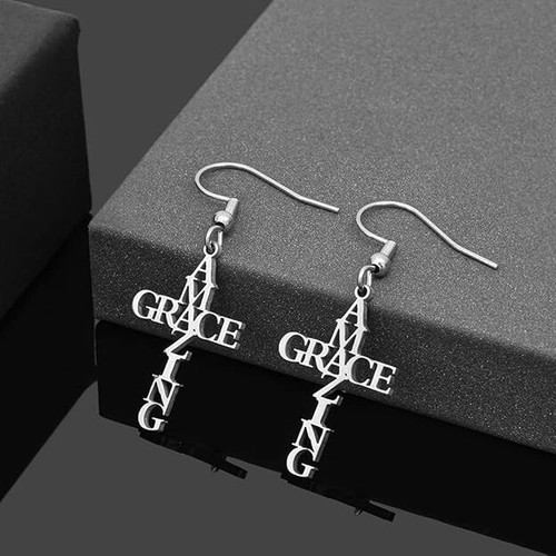 Stainless Steel Amazing Grace Cross Necklace & Earrings- Christian, Jesus, God - Picture 16 of 24