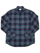 Mens Gray Blue  Red Plaid Long Sleeve Button-Down Flannel Shirt