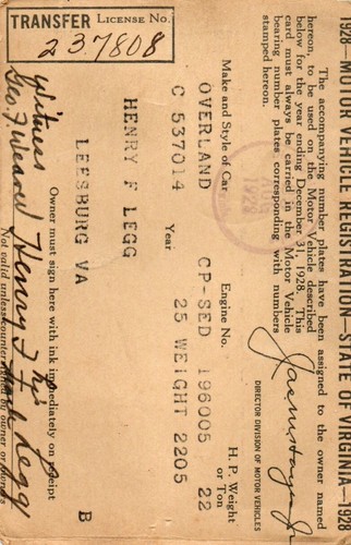 1928 Immatricolazione autoveicoli via terra Leesburg Virginia s1 - Foto 4 di 6