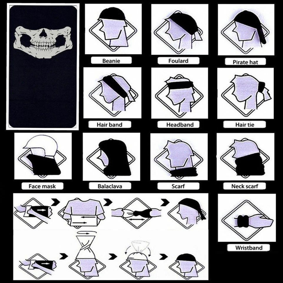 5 pack Black Microfiber Seamless Skull Face Mask Balaclava Tube 7+ functions - Image 3 of 4