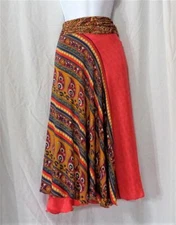 BEACH FASHION BURGUNDY AND GREEN PAISLEY SILK CONVERTIBLE SKIRT MEDIUM LENGTH