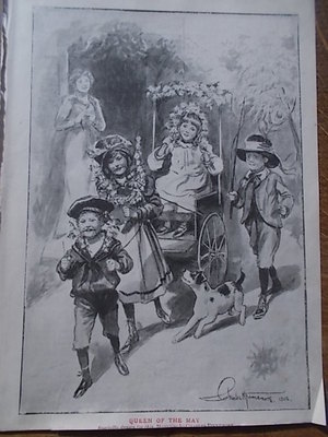 Original 1904 Children Print MAY QUEEN by CH FINNEMORE B/W Book Illustration 
