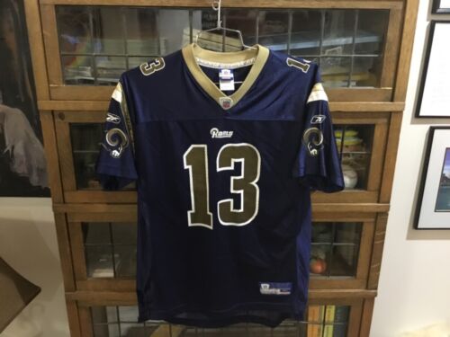 VTG Kurt Warmer #13 St Louis Rams Navy Graphic Reebok Jersey SZ Youth XL - Cool - Picture 1 of 14