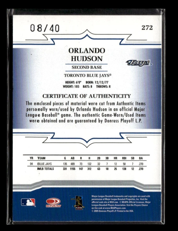 2005 Donruss Throwback нитки #272 Орландо Хадсон материал комбо #/40 - Изображение 2 из 2