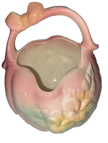 HULL Basket Planter -Sunglow- Pink Yellow Bow Butterfly Flowers USA #84 Vintage