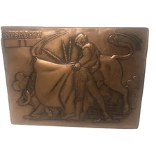 Mid Century Modern Pressed Copper 3D Relief Wall Art Bull & Matador  8" x 6" 