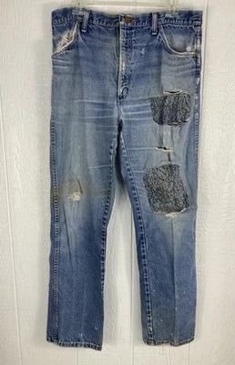 Vtg Rustler Denim Jeans Talon Zipper Thrashed Torn Grunge Patches 34 x 31 - Image 1 of 4