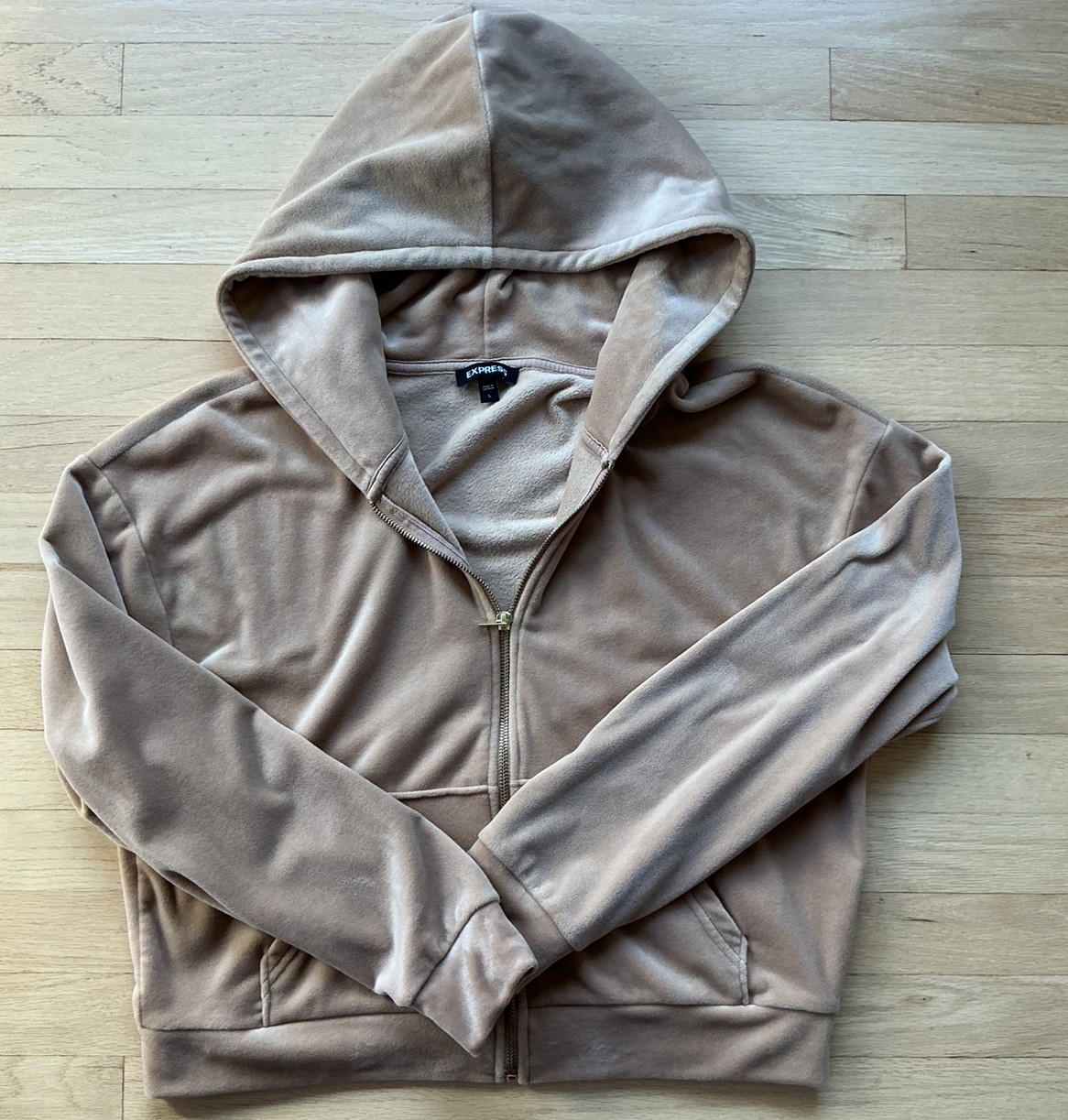Express Velour Zip Up Hoodie Size Large Super Soft & Cozy Mauve/Tan Color