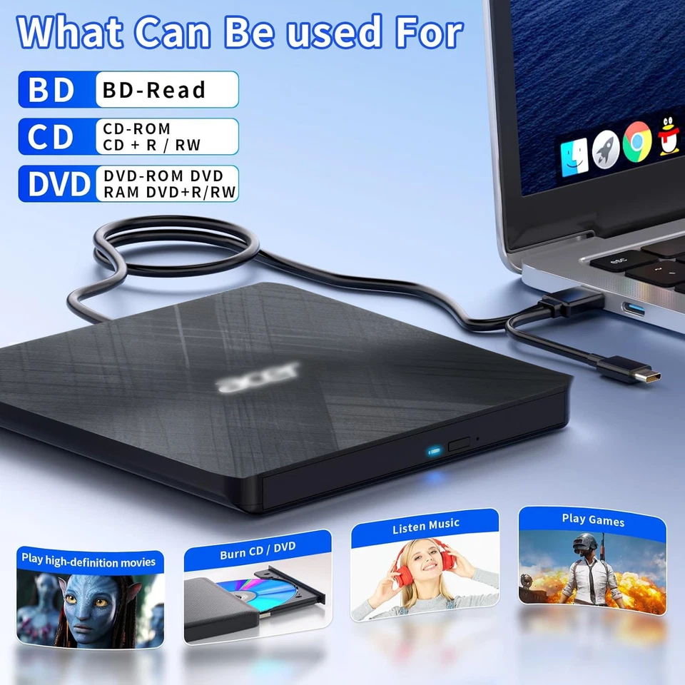 External CD DVD Drive, USB 3.0 Player Burner Writer, for PC Laptop Windows 11 10 - Image 4 of 4