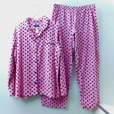 2p Retro Pink Polka Dot Sleepwear Set Long Sleeve Shirt Fleece Pajama Pants XL