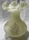 Fenton Custard Glass Ruffled Crimped Edge Vase Hand Painted Pink & White Flowers