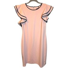 Tommy Hilfiger Sheath Dress Women's Soft Pink Black Ruffle Sleeve Midi Size 12