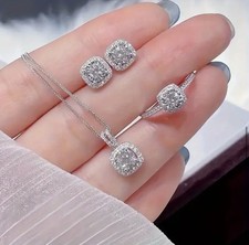 3PCS CZ Stone Jewelry Set Necklace Earrings Ring Silver Tone Women Gift