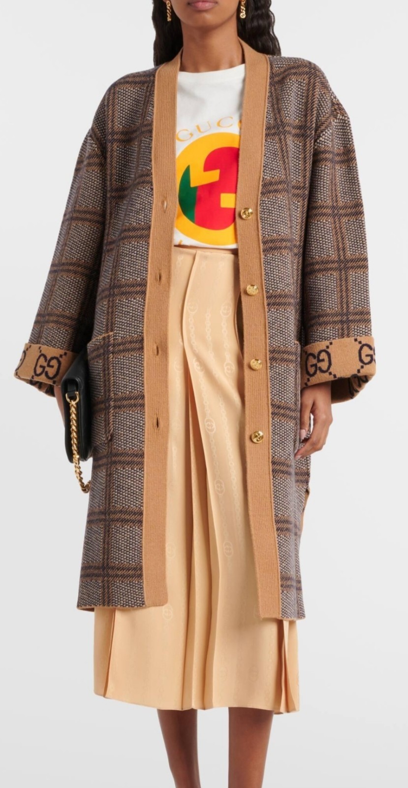 GUCCI REVERSIBLE WOOL CHECKED GG CARDIGAN BELTED. BROWN rrp £2390