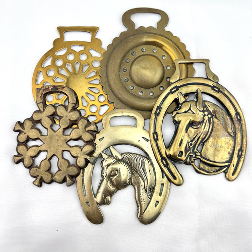 Brass Horse Medallion Antique Vintage Sun Boss Horseshoe Club Lot of 5 Harness