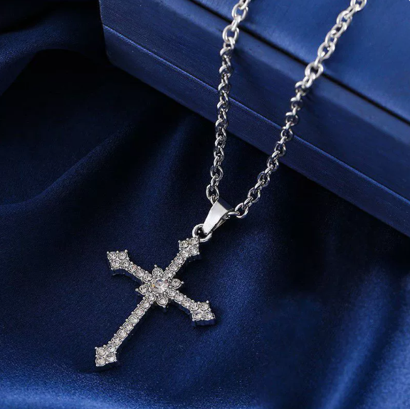 Silver Black Double Layer Cross Pendant Necklace Christian Jewelry Box Chain 24