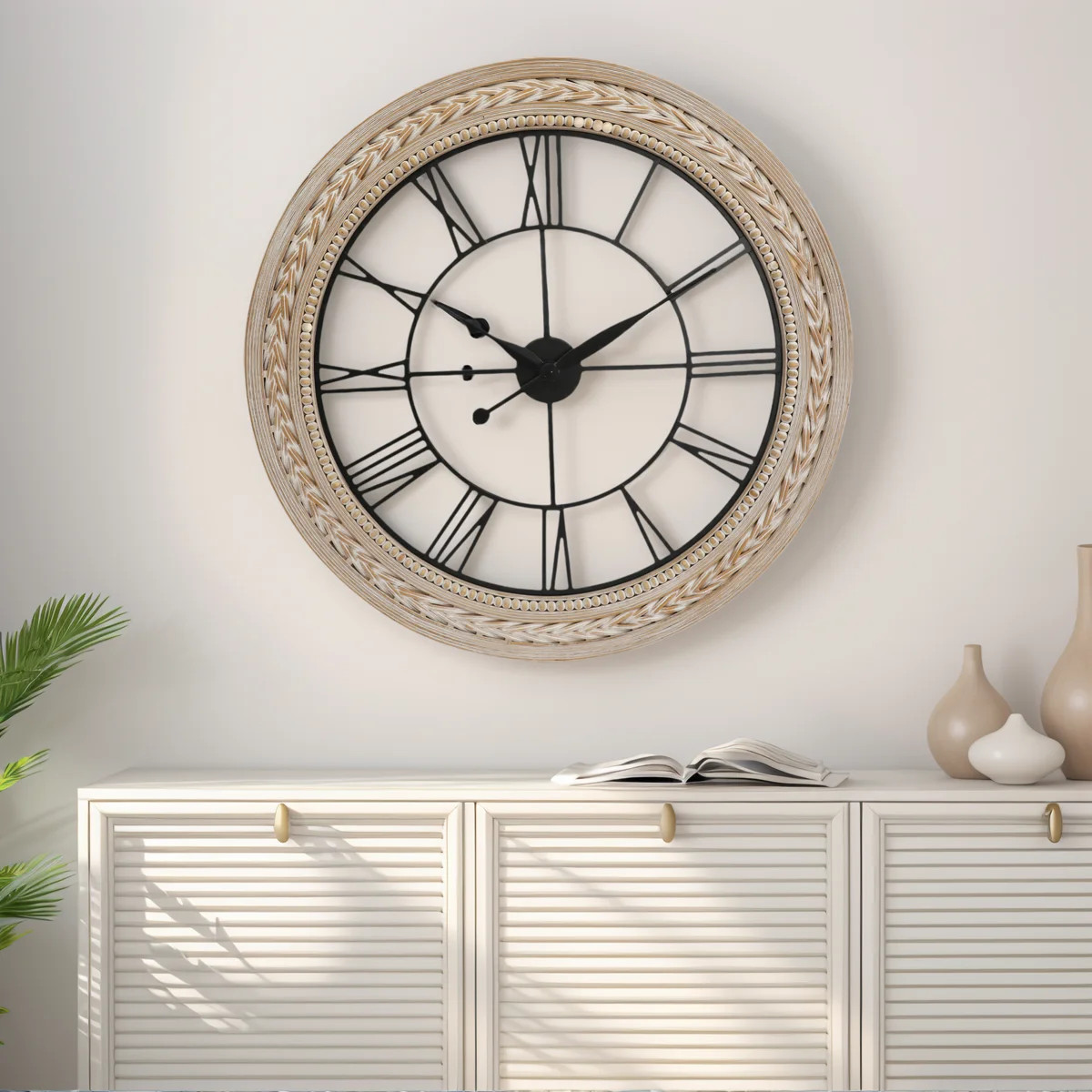 Oldslab 30 inch Farmhouse Bamboo Wall Clock Openwork Design for Living Rooms