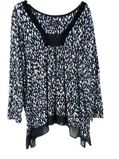 Simply Vera Wang 3X Top Stretchy Knit Black Blue Pleated Chiffon Trim Boho Chic