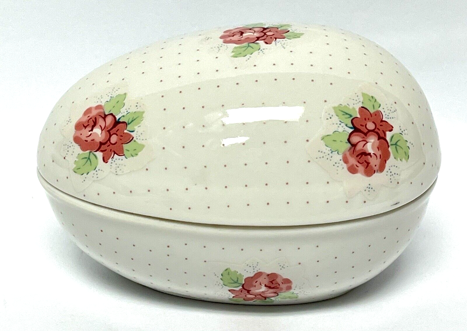VTG Andrea by Sadek Porcelain Egg Trinket Box Floral Pink Dots Lidded 4x3 Dotted
