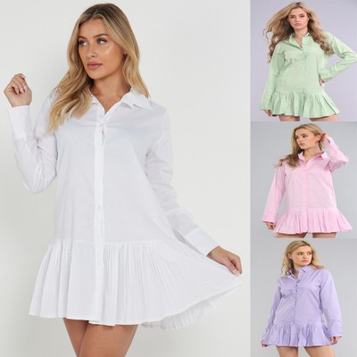 Womens Ladies Ruffle Frill Hem Pleated Collared Buttons Longline Shirt Dress  Top | eBay
