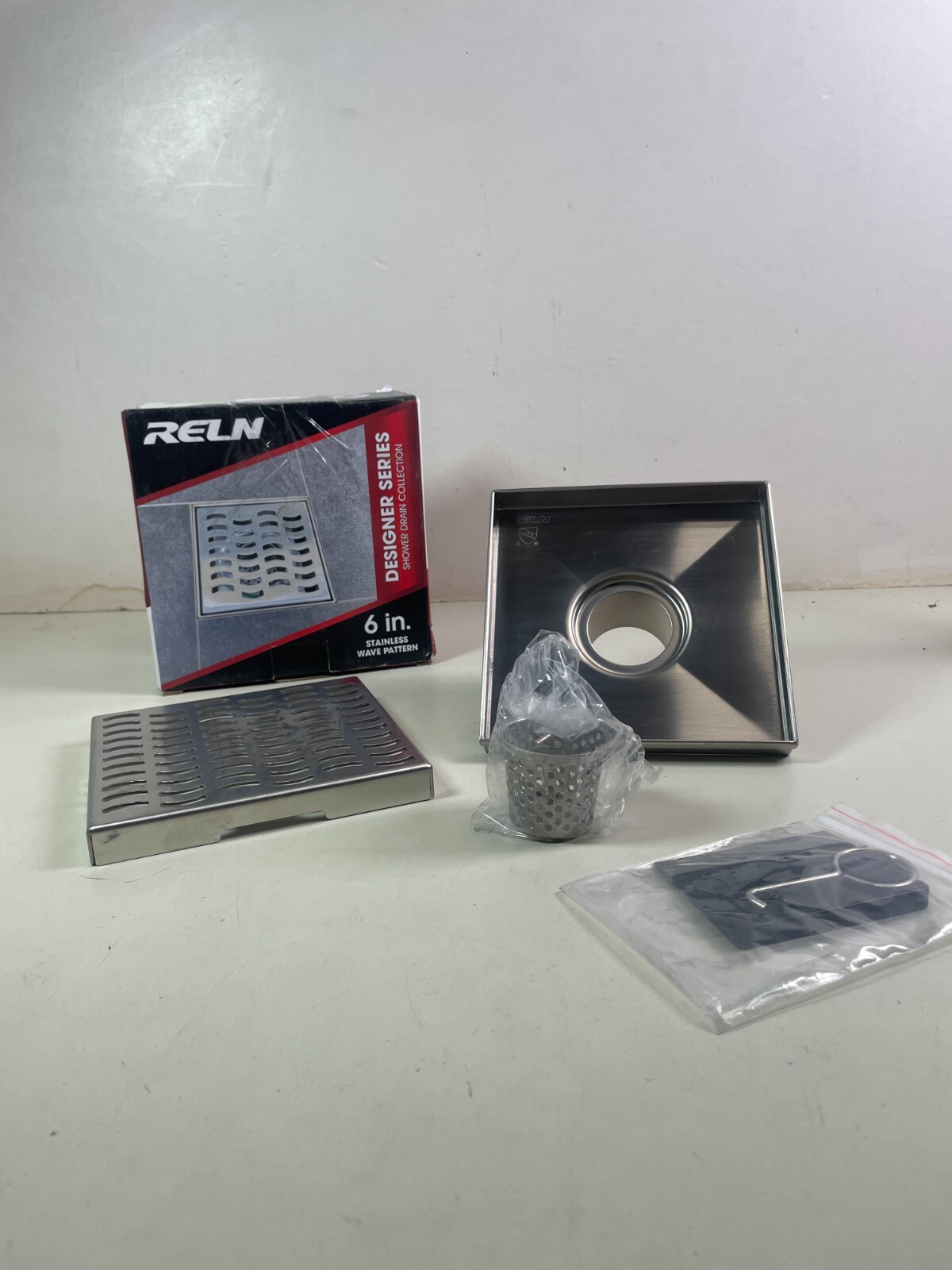 RELN 6" x 6" Stainless Steel Square Shower Drain Wave Pattern Drain Cover