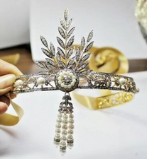 17.41ct Rose cut Diamond 925 silver pearl wedding Anniversary hair tiara Crown