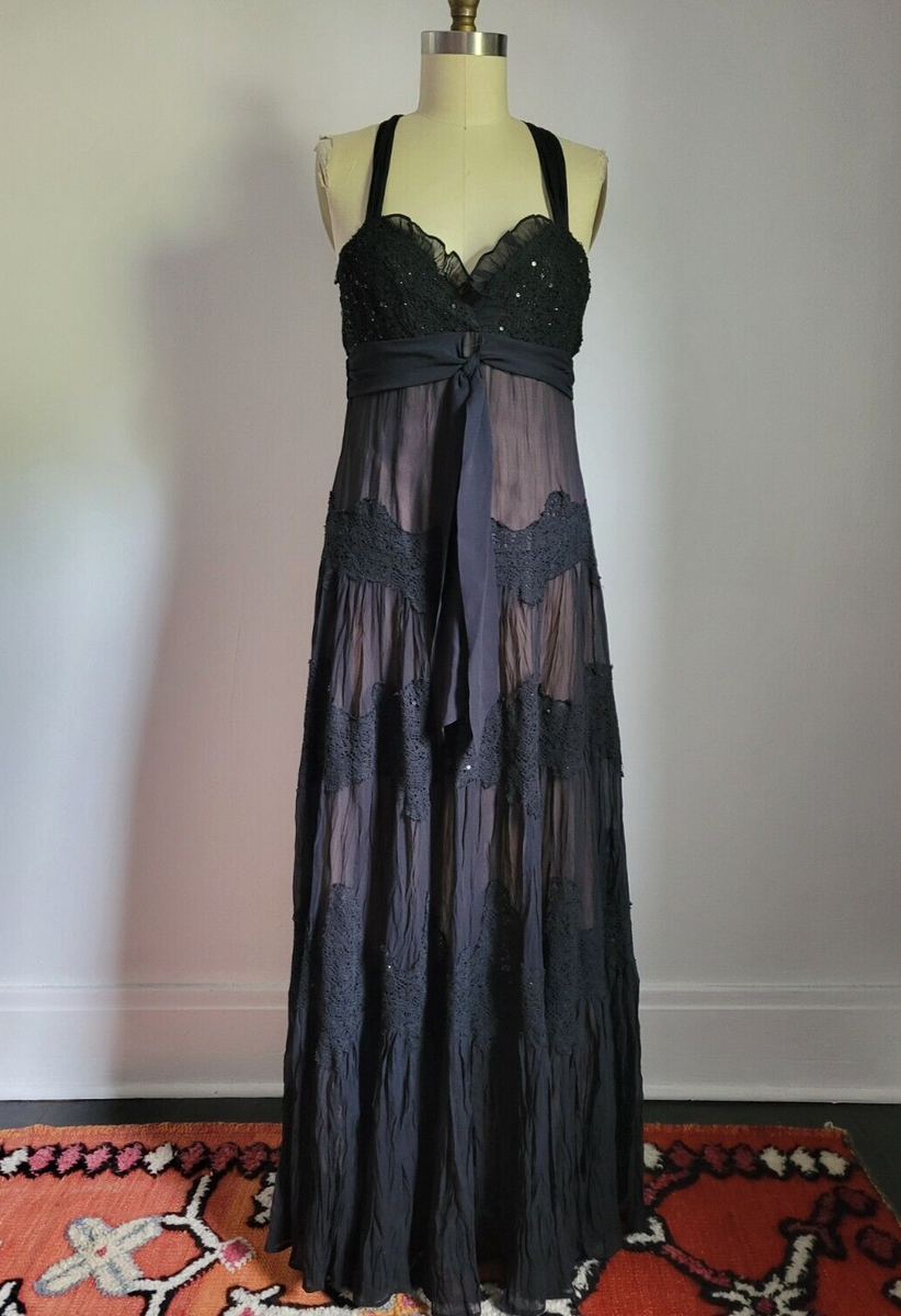 bcbg black sheer dress MAXAZRIA SILK GOWN w/ NUDE LINING & CROCHET LACE PANELS XS THE ALYA BLACK DRESS