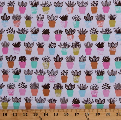 Cotton Succulents Potted Plants on White Cotton Fabric Print by the Yard D306.07
