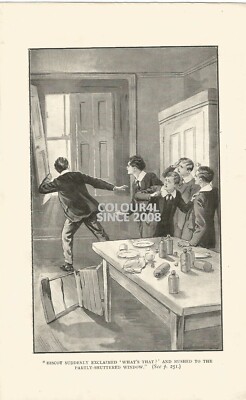 BOYS IN CLASS SHUTTERED WINDOW TABLE FOOD DRINK C 1920 ART ILLUSTRATION PRINT