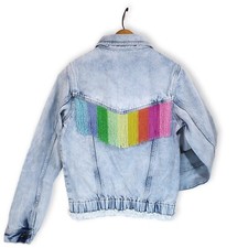 Women's Western Fringe Large Denim Jean Jacket Rainbow Bleached Light Acid Wash