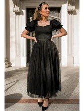 Ivy City Co Ballerina Dress S Black Tulle Midi Tea Length Puff Sleeve Retro