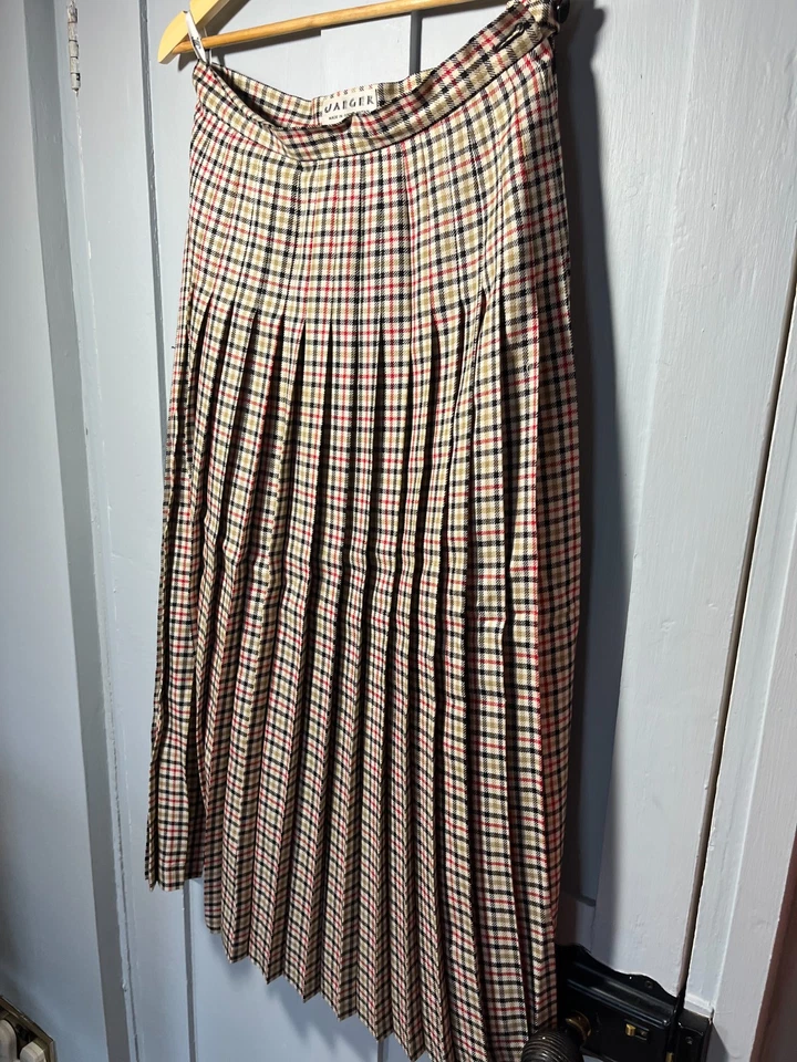 Vintage Classic Jaeger Beige Black and Red Checked Pleated Skirt UK 14 US 12 - Image 2 of 4