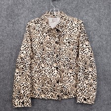 chicos Womens Leopard Print Trucker Jacket Size 2 12/14 Tan Button Front Cotton
